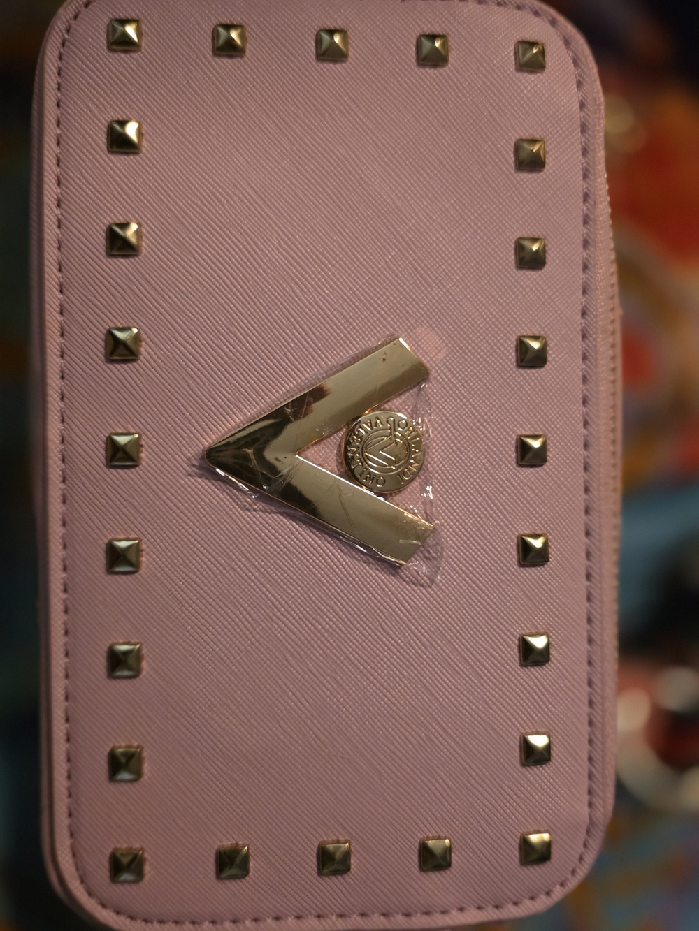 Studded Pink Camers Bag With Strap with Gold Accent